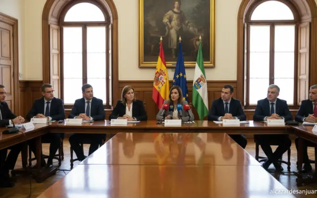A city council press conference in a Spanish municipal building, formal meeting room with flags, officials at a table, pol...