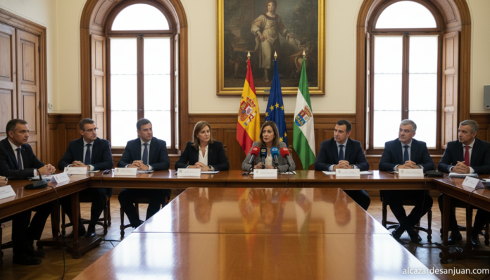 A city council press conference in a Spanish municipal building, formal meeting room with flags, officials at a table, pol...