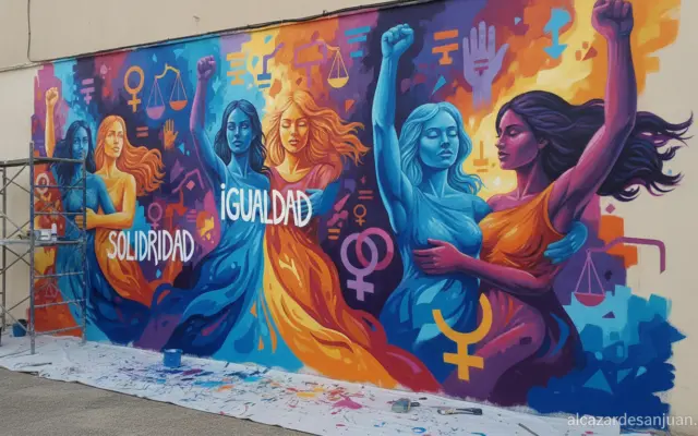 A colorful feminist mural being painted on the wall of a community social center in a Spanish city, vibrant colors, women ...