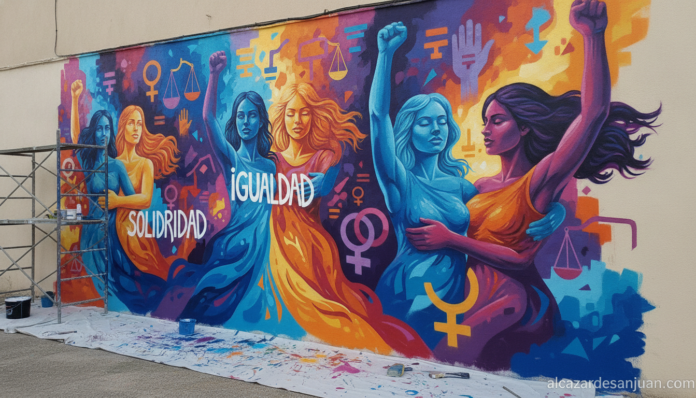 A colorful feminist mural being painted on the wall of a community social center in a Spanish city, vibrant colors, women ...