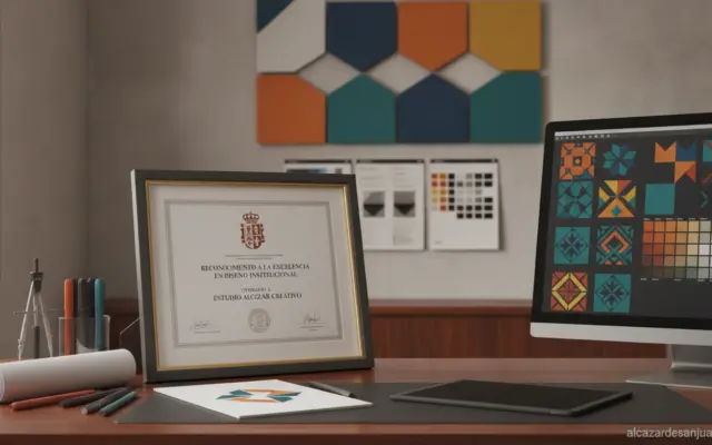 A graphic design studio tribute scene: elegant framed award certificate and design tools on a wooden desk, with abstract g...