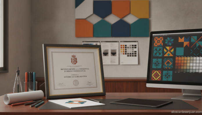 A graphic design studio tribute scene: elegant framed award certificate and design tools on a wooden desk, with abstract g...