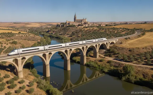 A high-speed train traveling through the Castilla-La Mancha landscape, with Toledo cathedral visible in the background. Th...