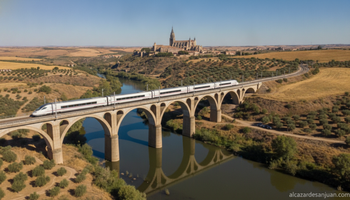 A high-speed train traveling through the Castilla-La Mancha landscape, with Toledo cathedral visible in the background. Th...