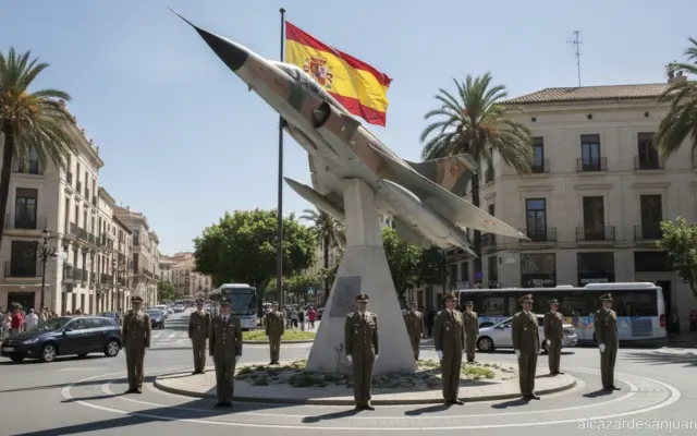 A Mirage F1 fighter jet displayed on a pedestal at a city roundabout in Spain, sunny day, Spanish flag in the background, ...