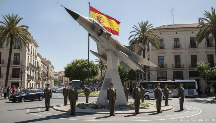 A Mirage F1 fighter jet displayed on a pedestal at a city roundabout in Spain, sunny day, Spanish flag in the background, ...