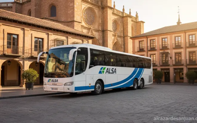 A modern intercity bus in Spain at a bus stop in a historic Spanish city center, Toledo-style architecture in background, ...