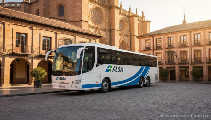 A modern intercity bus in Spain at a bus stop in a historic Spanish city center, Toledo-style architecture in background, ...