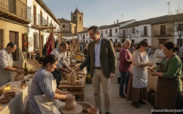 A regional government counselor participating in a rural community event in Castilla-La Mancha, Spain. Artisans and local ...