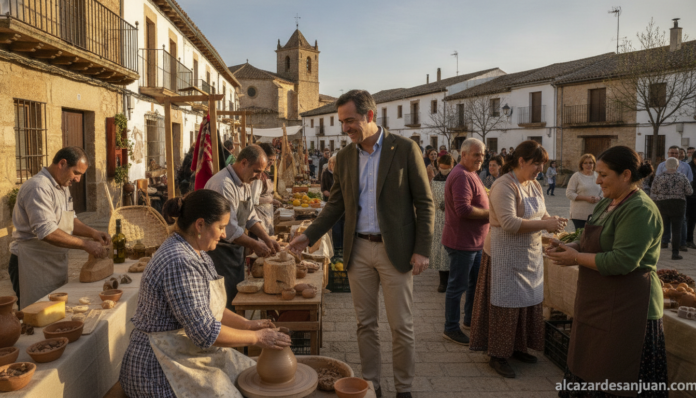 A regional government counselor participating in a rural community event in Castilla-La Mancha, Spain. Artisans and local ...