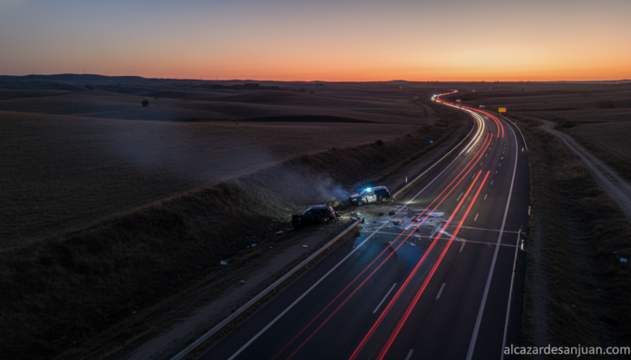A serious scene of a highway in Castilla-La Mancha, Spain, at dusk with police lights in the background near a car collisi...