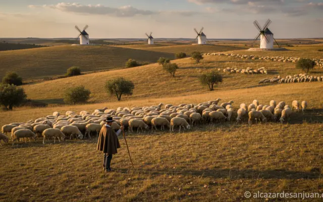 A shepherd with a large flock of sheep in the Spanish countryside, La Mancha region, windmills in the background, golden a...