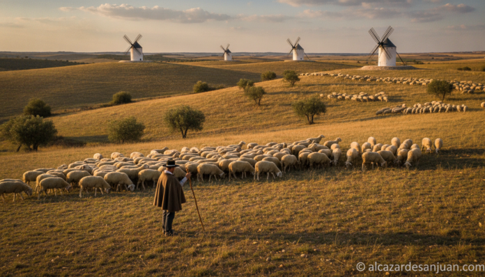 A shepherd with a large flock of sheep in the Spanish countryside, La Mancha region, windmills in the background, golden a...