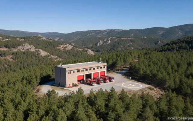 A Spanish forestry and fire prevention base station in a rural mountain area in Castilla-La Mancha, Toledo province. Showi...