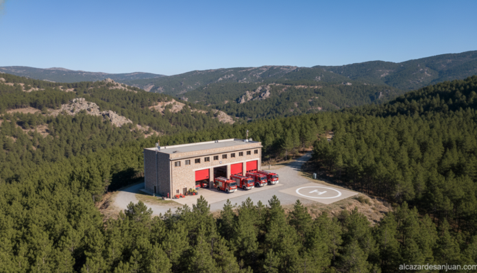 A Spanish forestry and fire prevention base station in a rural mountain area in Castilla-La Mancha, Toledo province. Showi...