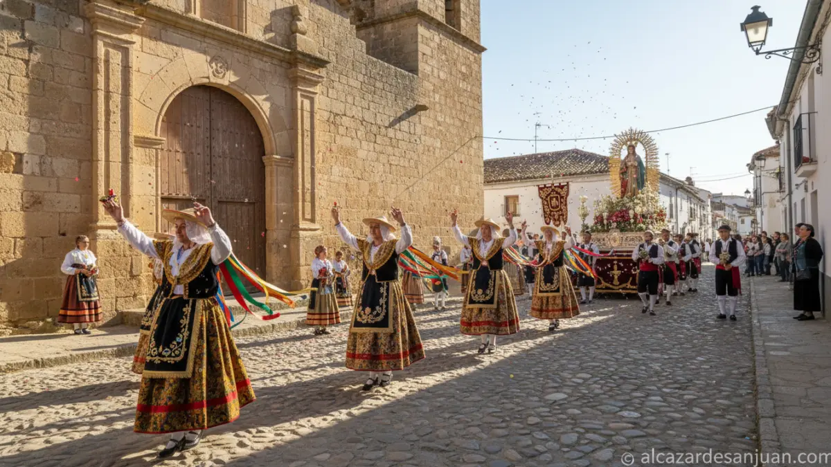 A traditional Spanish religious procession in a small Castilla-La Mancha village, with dancers in colorful traditional cos...