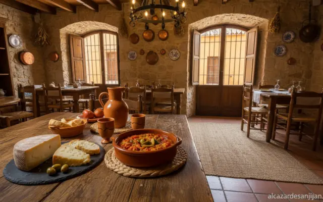 A warm and inviting traditional Spanish restaurant interior in La Mancha region, rustic wooden table with classic dishes l...
