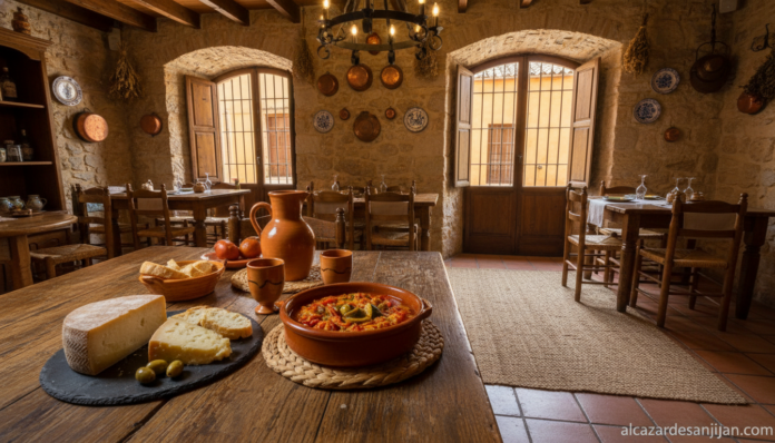 A warm and inviting traditional Spanish restaurant interior in La Mancha region, rustic wooden table with classic dishes l...