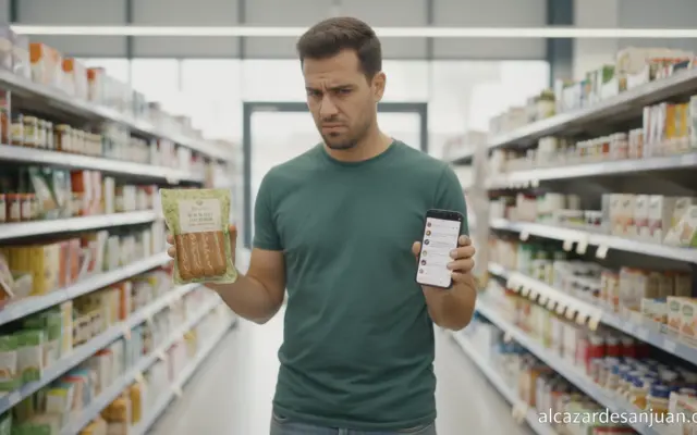 A young man standing in a supermarket aisle, looking skeptically at a package of soy products, smartphone in hand, social ...