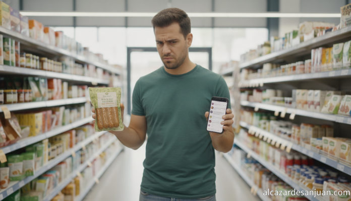 A young man standing in a supermarket aisle, looking skeptically at a package of soy products, smartphone in hand, social ...