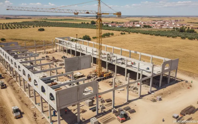 Aerial view of a modern Spanish construction site with prefabricated concrete elements being assembled, industrial buildin...