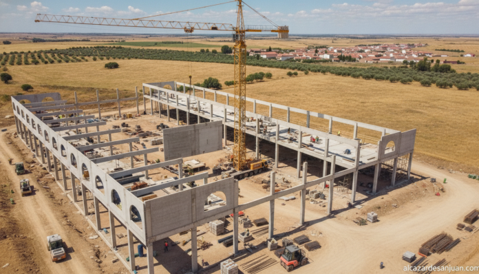 Aerial view of a modern Spanish construction site with prefabricated concrete elements being assembled, industrial buildin...