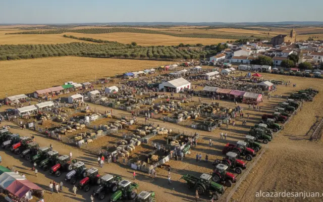 Aerial view of a rural agricultural fair in a Castilla-La Mancha village, with livestock pens, farm machinery exhibits, an...