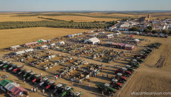 Aerial view of a rural agricultural fair in a Castilla-La Mancha village, with livestock pens, farm machinery exhibits, an...