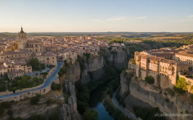 Aerial view of historic UNESCO World Heritage city in Spain, medieval architecture, hanging houses over a gorge, warm afte...