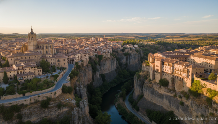Aerial view of historic UNESCO World Heritage city in Spain, medieval architecture, hanging houses over a gorge, warm afte...