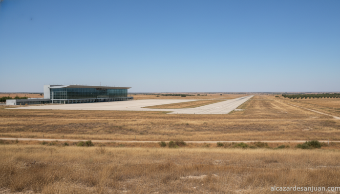 An empty regional airport terminal building in the Spanish province of Ciudad Real, Castilla-La Mancha. Wide view showing ...