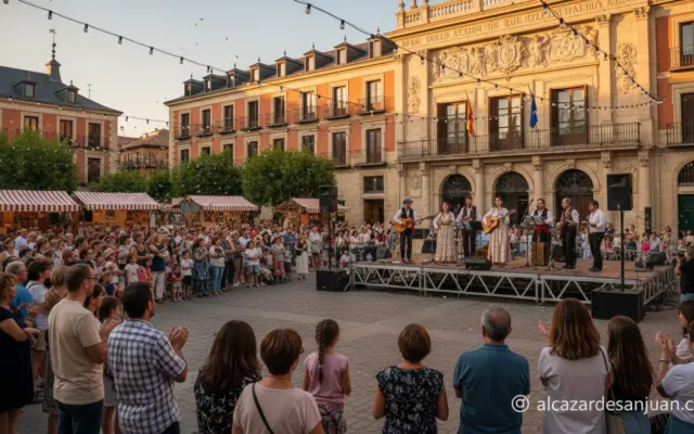 An outdoor cultural festival scene in a Spanish city square in Guadalajara Spain. People gathered watching a street music ...