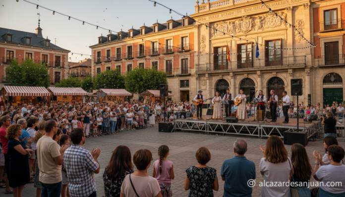 An outdoor cultural festival scene in a Spanish city square in Guadalajara Spain. People gathered watching a street music ...