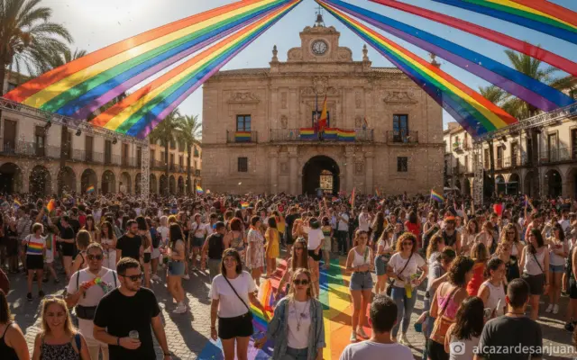 Colorful rainbow LGTBI pride flags and banners at a community event in a Spanish town square, diverse group of people, sun...