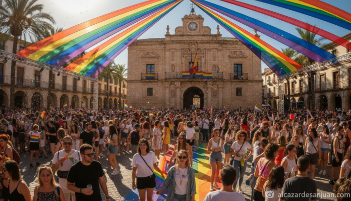 Colorful rainbow LGTBI pride flags and banners at a community event in a Spanish town square, diverse group of people, sun...