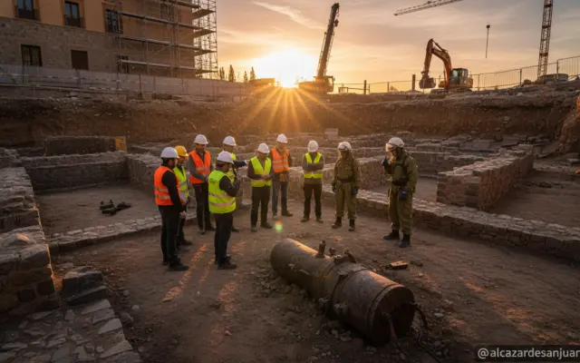 Construction site excavation in Toledo Spain, workers and safety personnel examining ancient explosive artifact found in t...