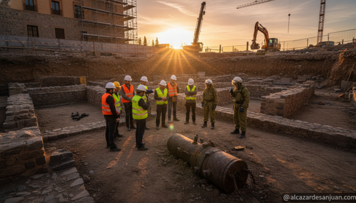 Construction site excavation in Toledo Spain, workers and safety personnel examining ancient explosive artifact found in t...