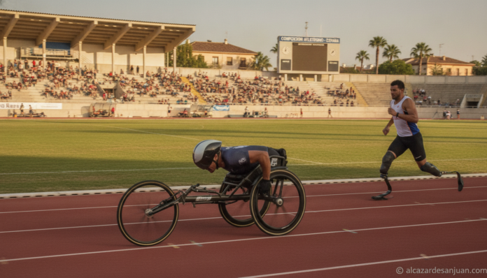 Disabled athlete competing in athletics track, wheelchair racing or adapted running, stadium in Spain, natural daylight, j... Disabled athlete competing in athletics track, wheelchair racing or adapted running, stadium in Spain, natural daylight, j...