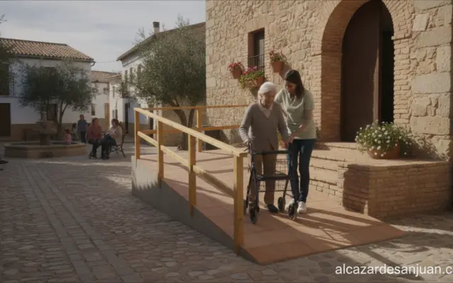 Elderly person with walking aid being assisted by a caregiver in a small Spanish rural village with accessible ramp and ha...