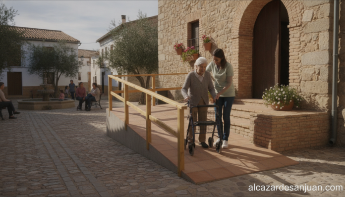 Elderly person with walking aid being assisted by a caregiver in a small Spanish rural village with accessible ramp and ha...