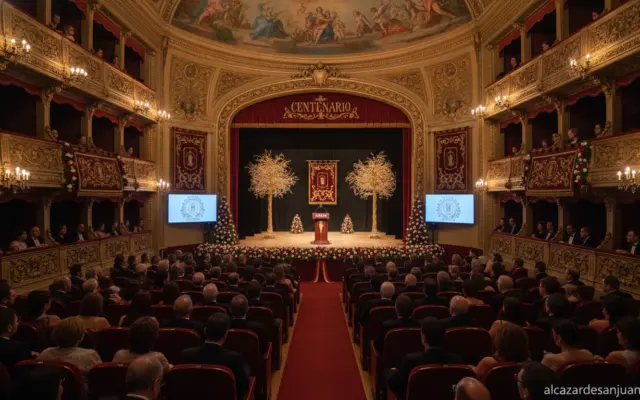 Elegant gala ceremony at a historic Spanish theater auditorium, formal audience dressed professionally, stage with a podiu...