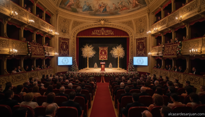 Elegant gala ceremony at a historic Spanish theater auditorium, formal audience dressed professionally, stage with a podiu...