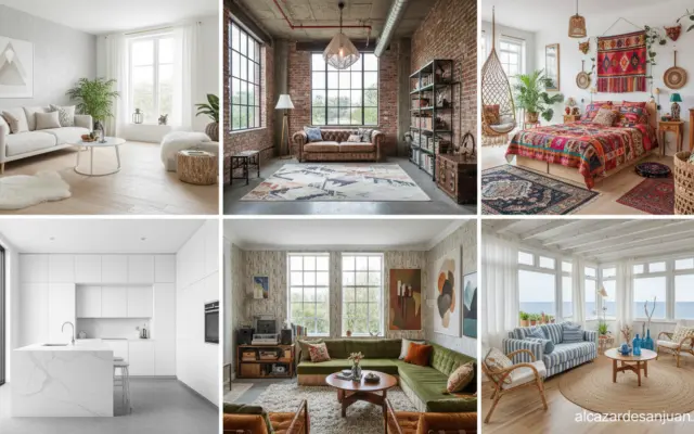 Elegant modern interior design collage showing six styles: Scandinavian minimalist, industrial loft, bohemian colorful, mi...