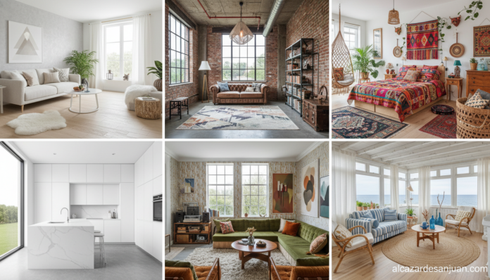 Elegant modern interior design collage showing six styles: Scandinavian minimalist, industrial loft, bohemian colorful, mi...