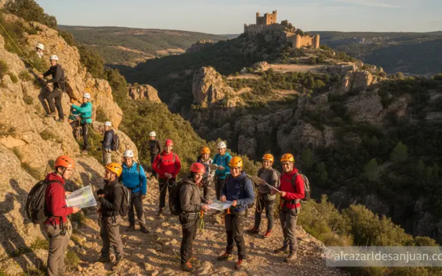 Group of Spanish high school students in outdoor adventure activity near medieval castle in Cuenca province, Spain, climbi...