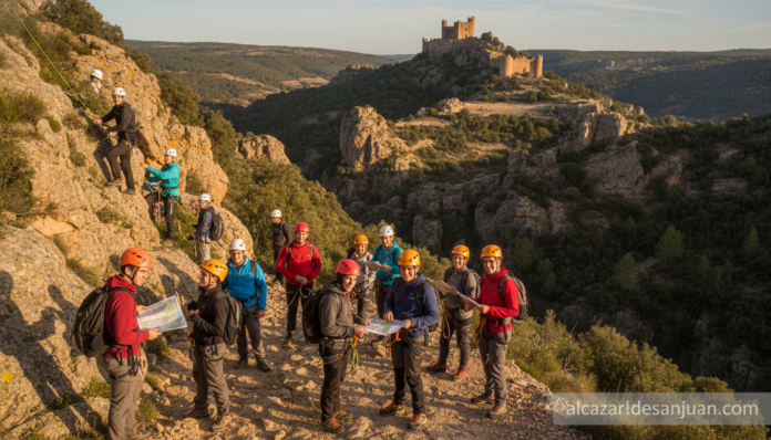 Group of Spanish high school students in outdoor adventure activity near medieval castle in Cuenca province, Spain, climbi...