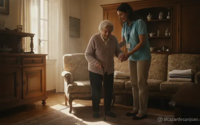 Home care helping an elderly person at their home, warm and bright domestic setting, wooden furniture, natural light from ...