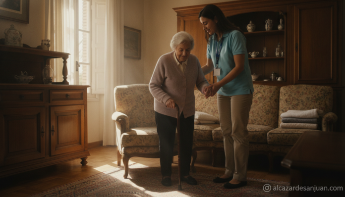 Home care helping an elderly person at their home, warm and bright domestic setting, wooden furniture, natural light from ...
