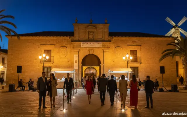 Night museum event in a Spanish city, museum exterior illuminated at night with visitors entering, cultural evening atmosp...
