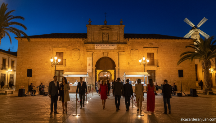 Night museum event in a Spanish city, museum exterior illuminated at night with visitors entering, cultural evening atmosp...